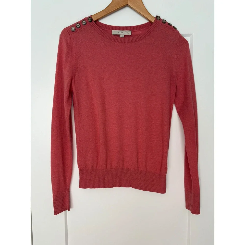 LOFT Preppy Coastal Coquette Coral Pink Button Shoulder Wool Blend Crew Neck XS